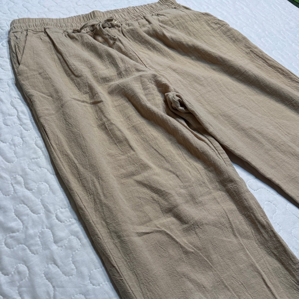 Women Medium Pants Tan Elastic Straight Leg LINEN-LOOK BEACHY BOHO COASTAL COZY
